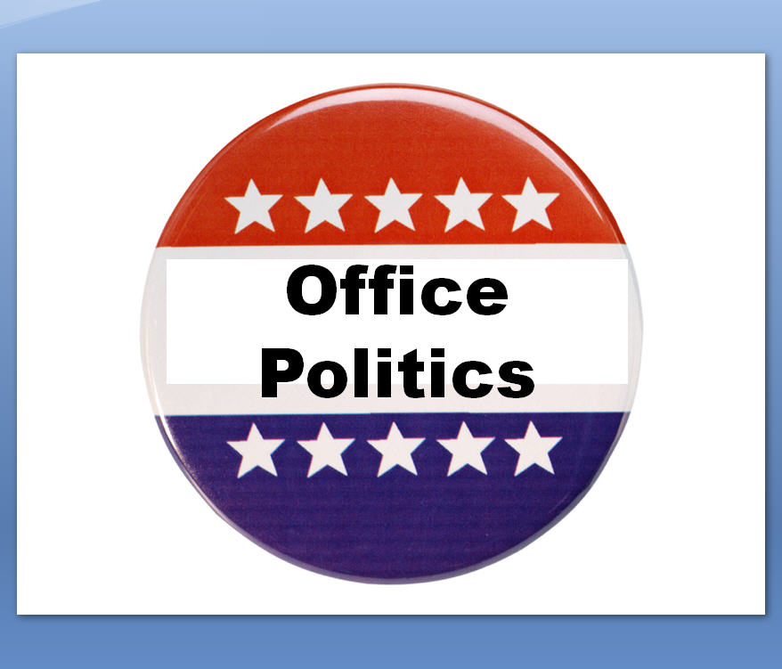 red-white-blue button with office politics
