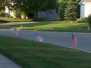 American flags lining suburban street