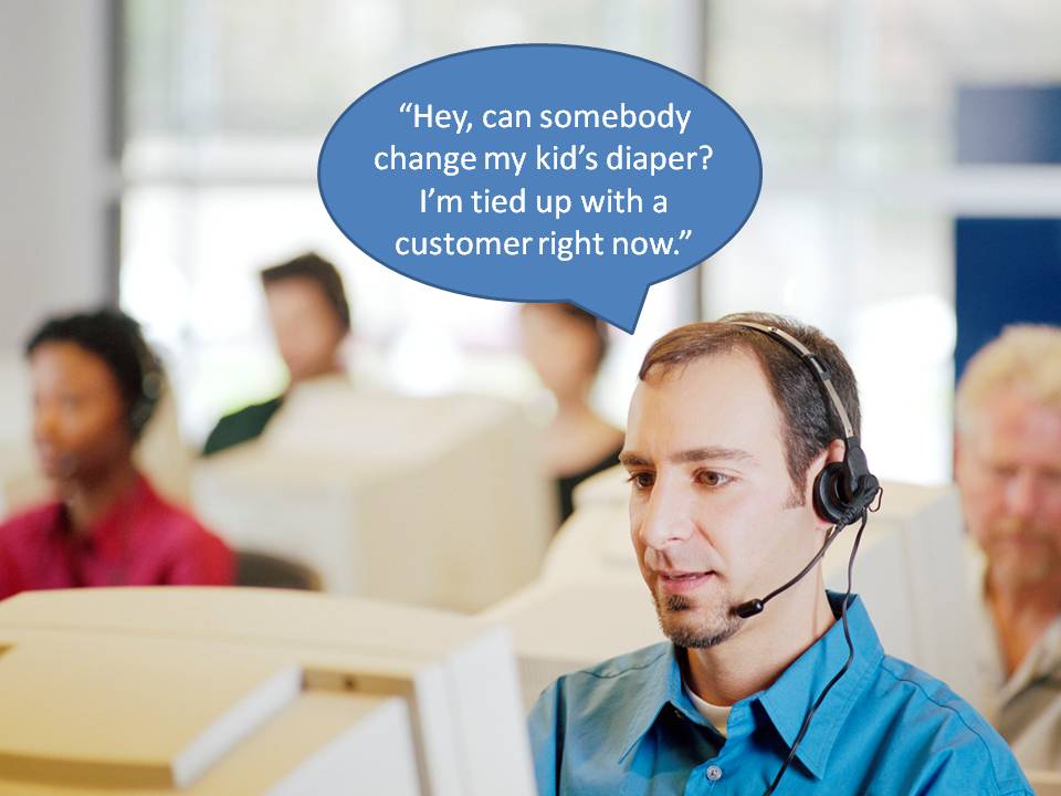 call center employee asks colleagues to change baby's diaper